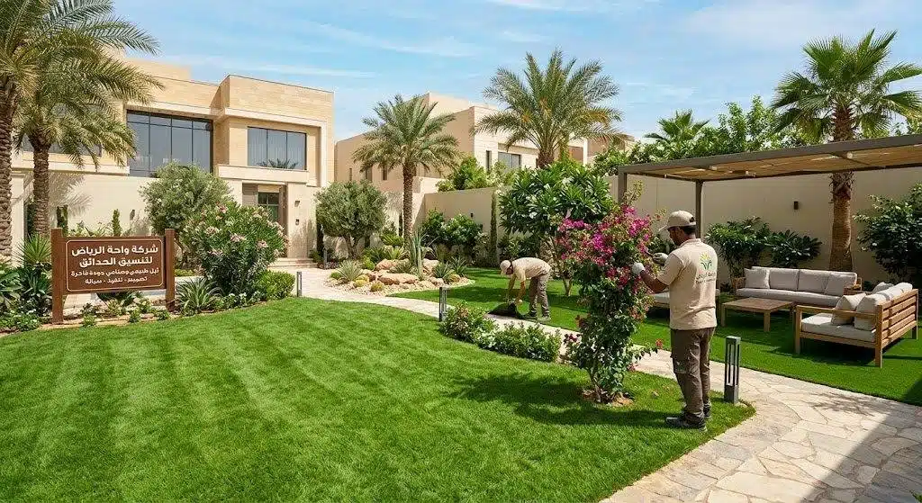 شركة تنسيق حدائق بالرياض — حديقة فيلا منفّذة بعشب وشلال وإضاءة